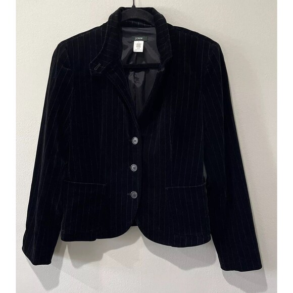 Jackets & Blazers - J.Crew Blazer Women’s 8 Velvet Pin Stripe Jacket Three Button Black Classic